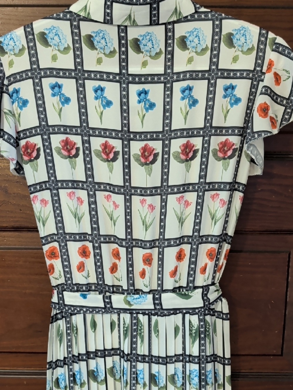 Floral Grid Print White Midii Dress with Tie Waist Flutter Sleeves L Tahari - Picture 7 of 14